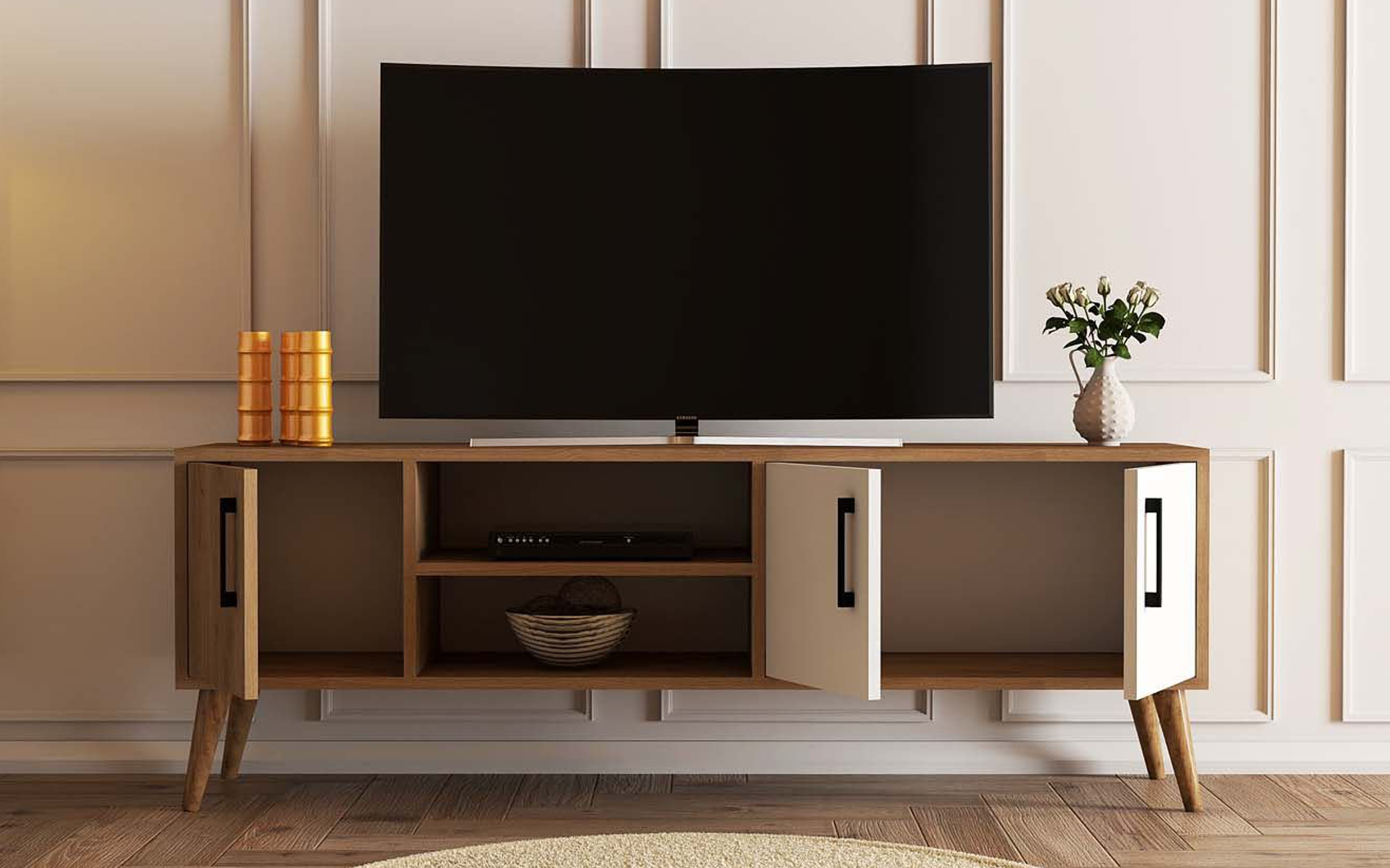 Modul TV Exen M, stejar + alb  2